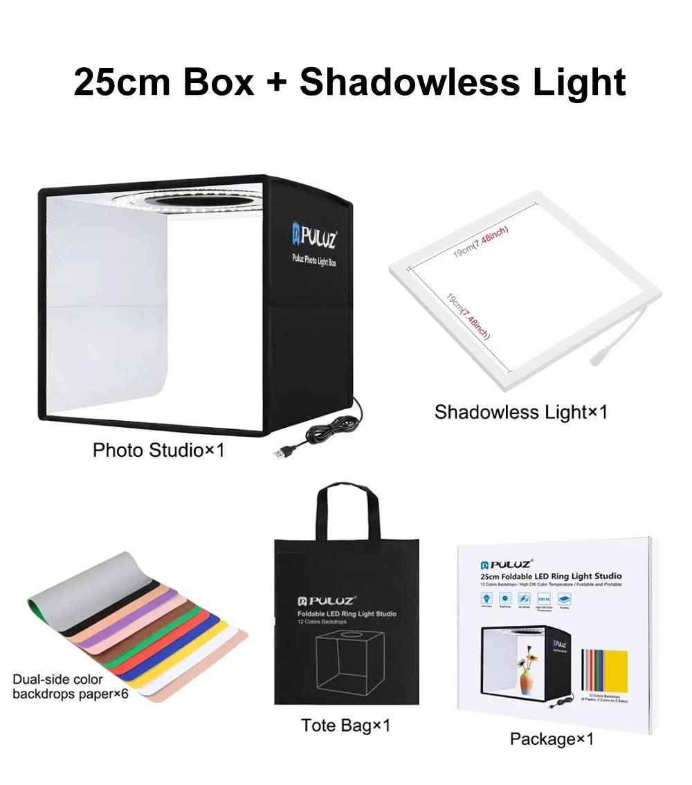 25cm 40cm Portable 3200K-6500K Ring LED USB Photo Lighting Desktop Shooting Tent Studio Box With 12 Color Backdrops Lightbox