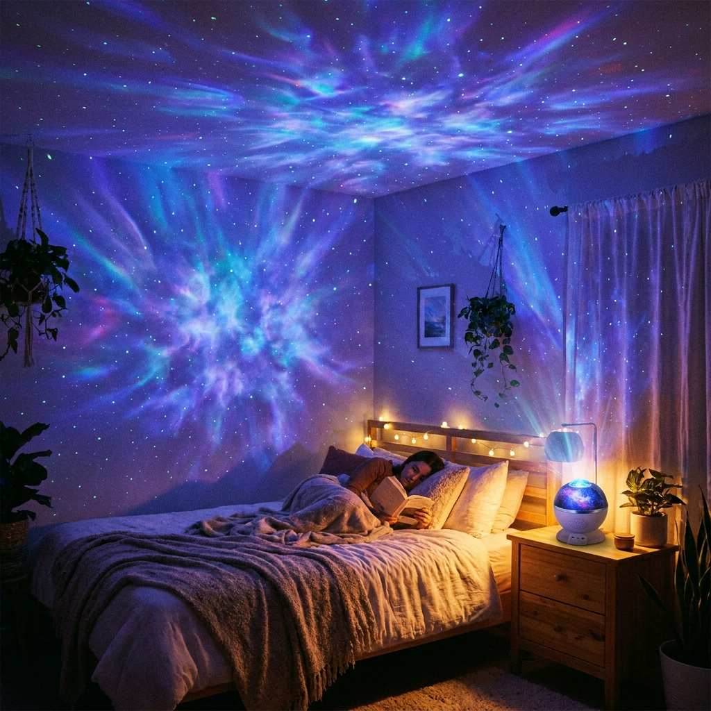 Galaxy projector transforming a cozy bedroom with blue and purple nebula