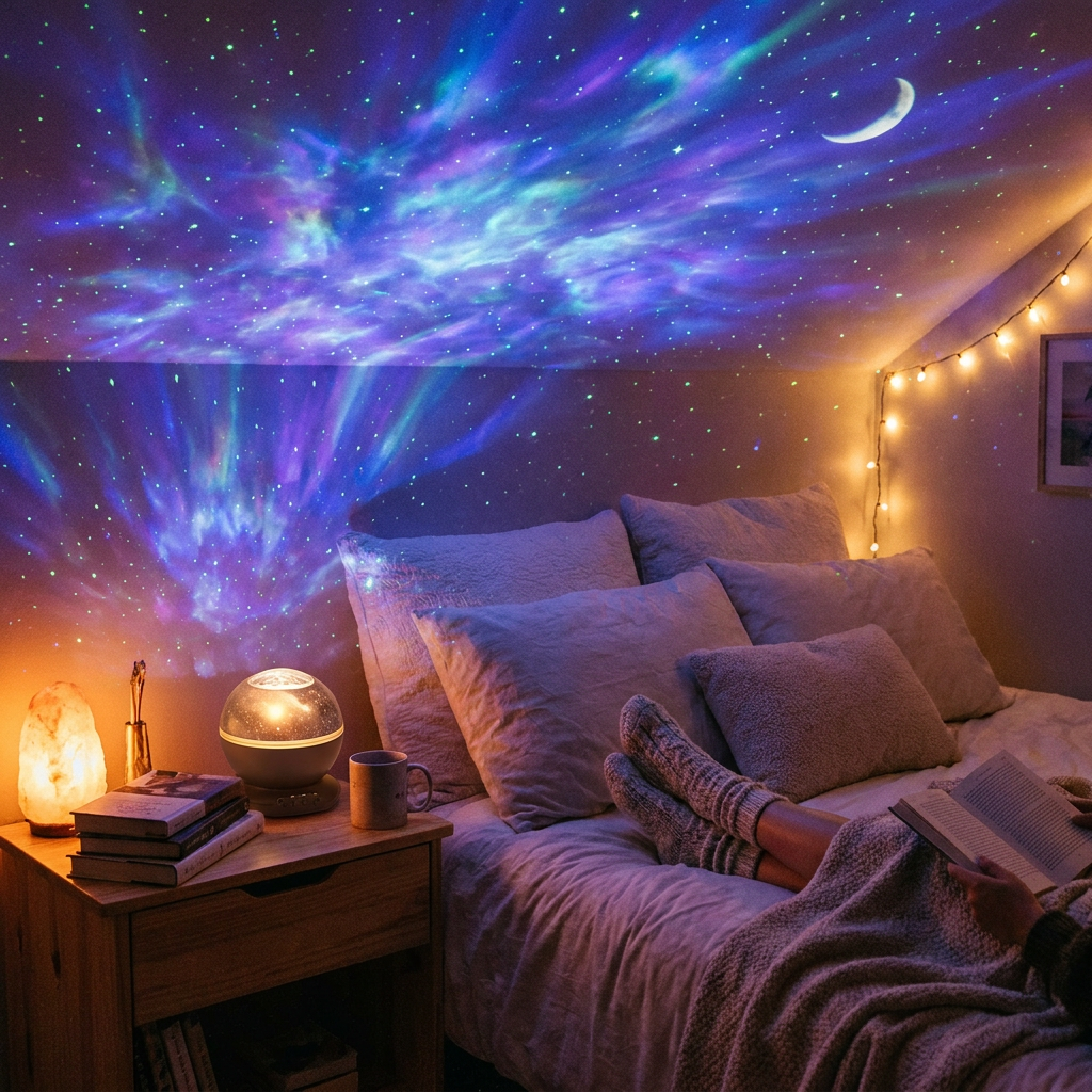 Galaxy projector night sky effect in a modern bedroom