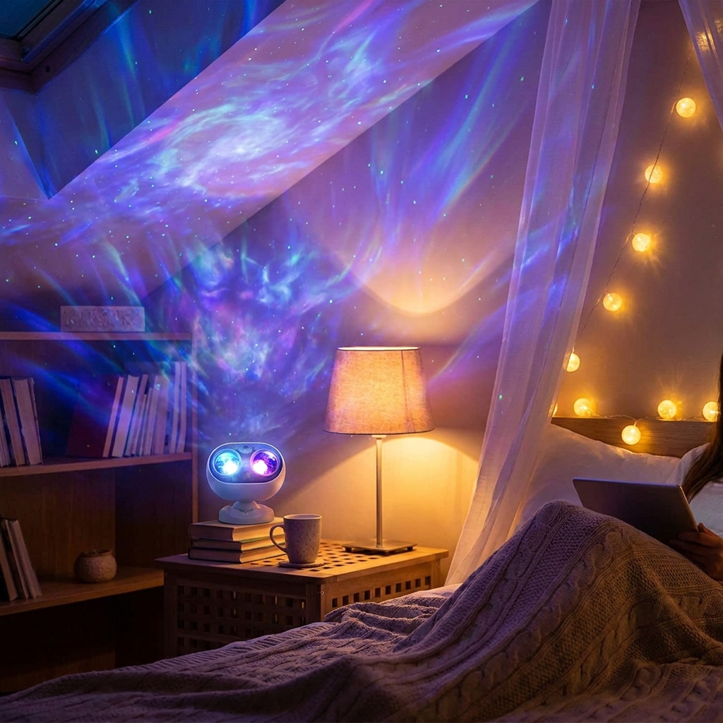 Galaxy projector on nightstand with swirling nebula ceiling