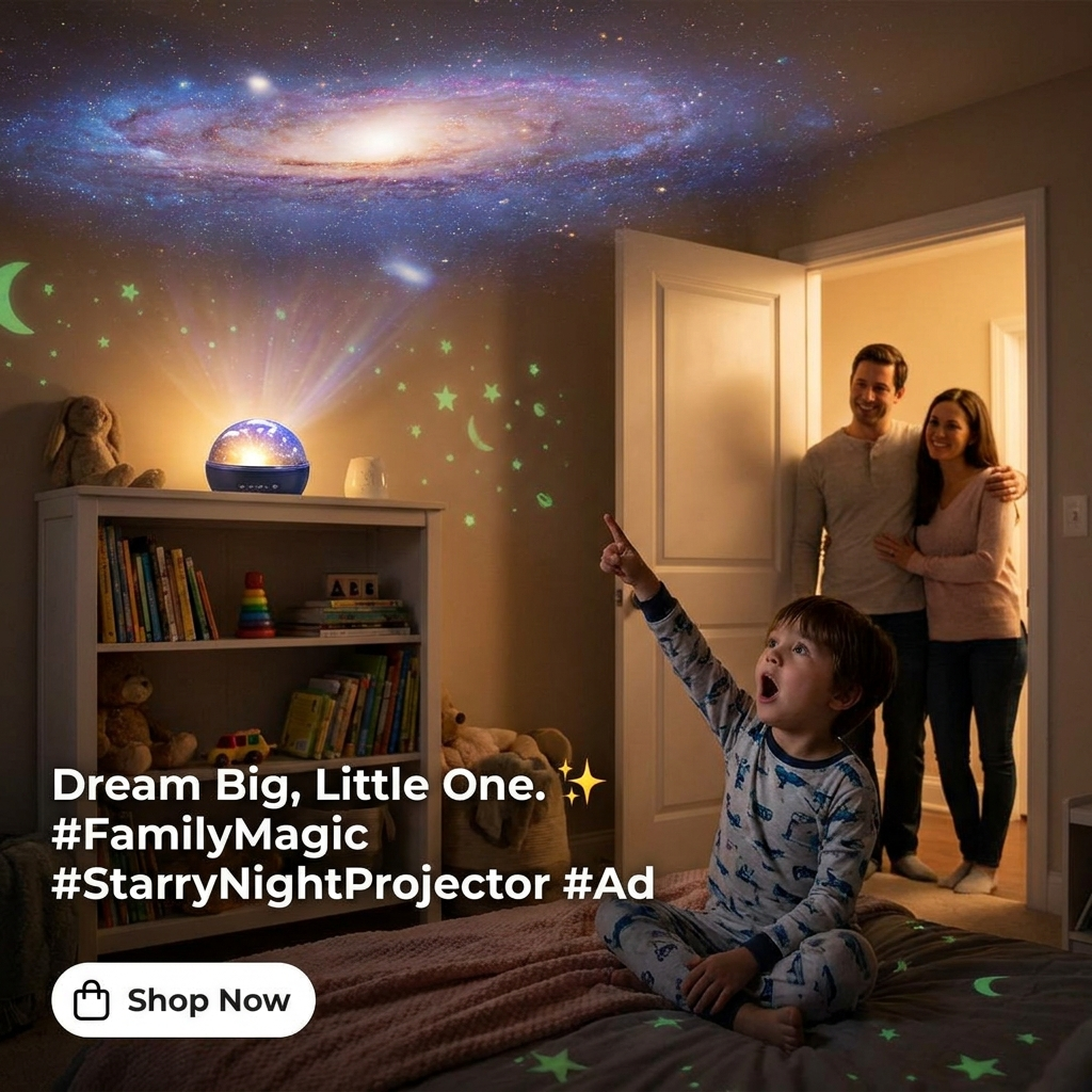 Child amazed by galaxy stars projected on bedroom ceiling