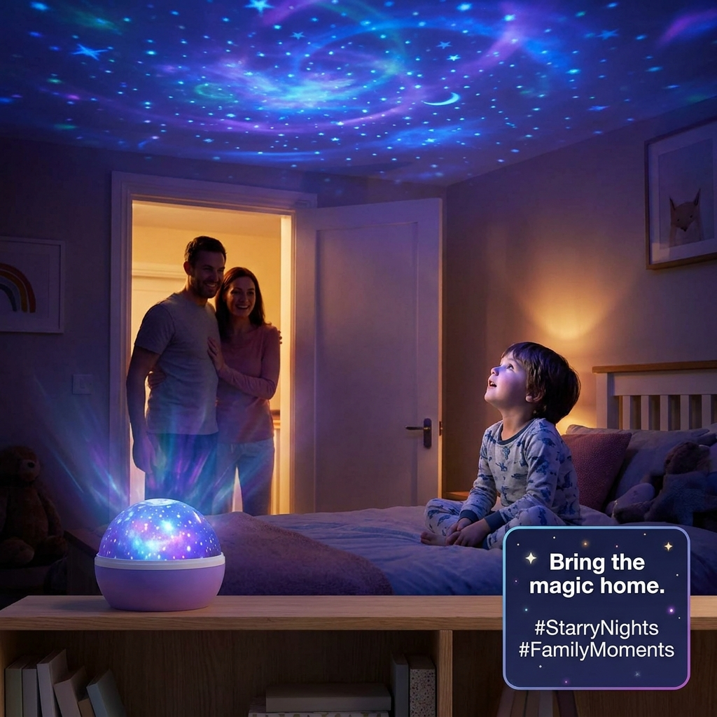 Family enjoying galaxy projector night light in kids room