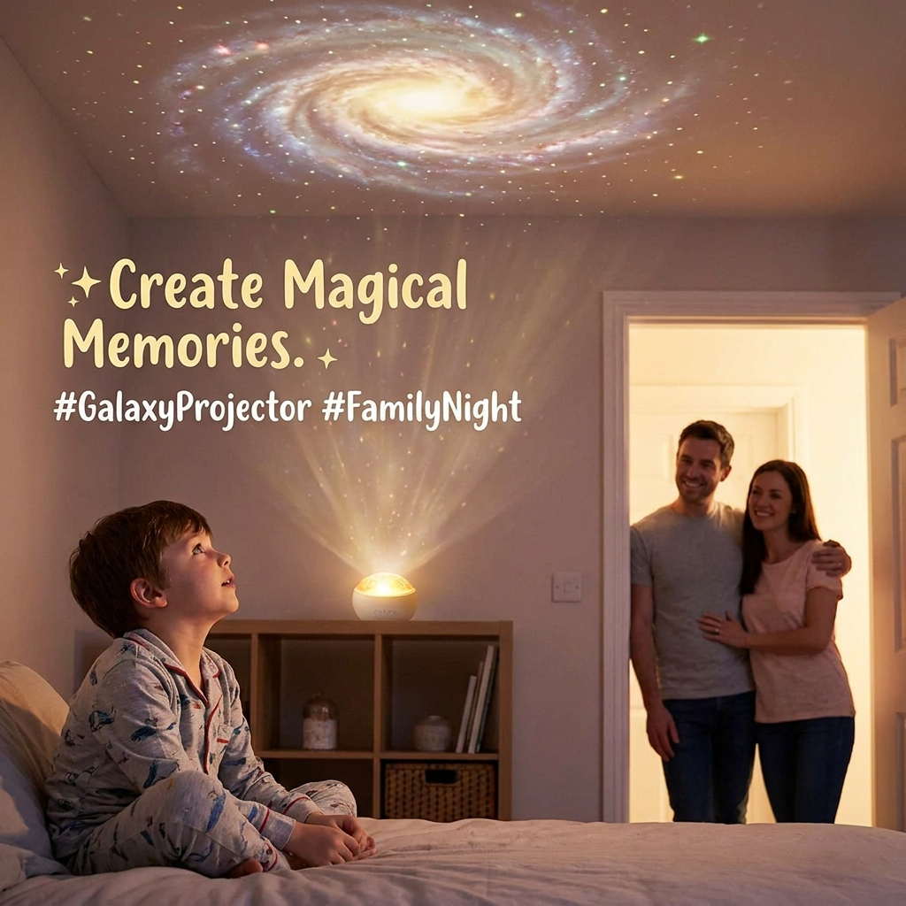 Magical galaxy projection kids bedroom scene